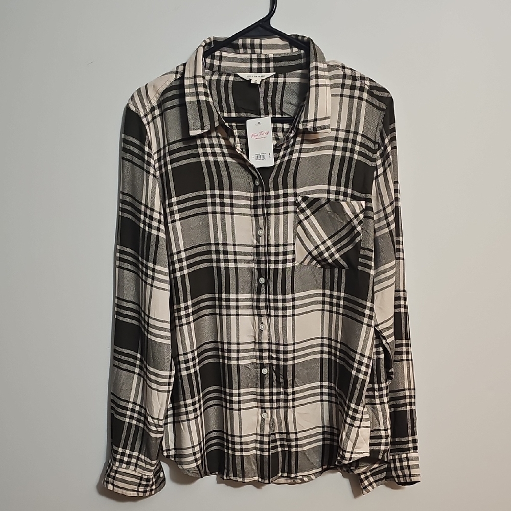 NWT Lucky Brand Olive Green and Beige Checkered Women's Shirt Size Medium